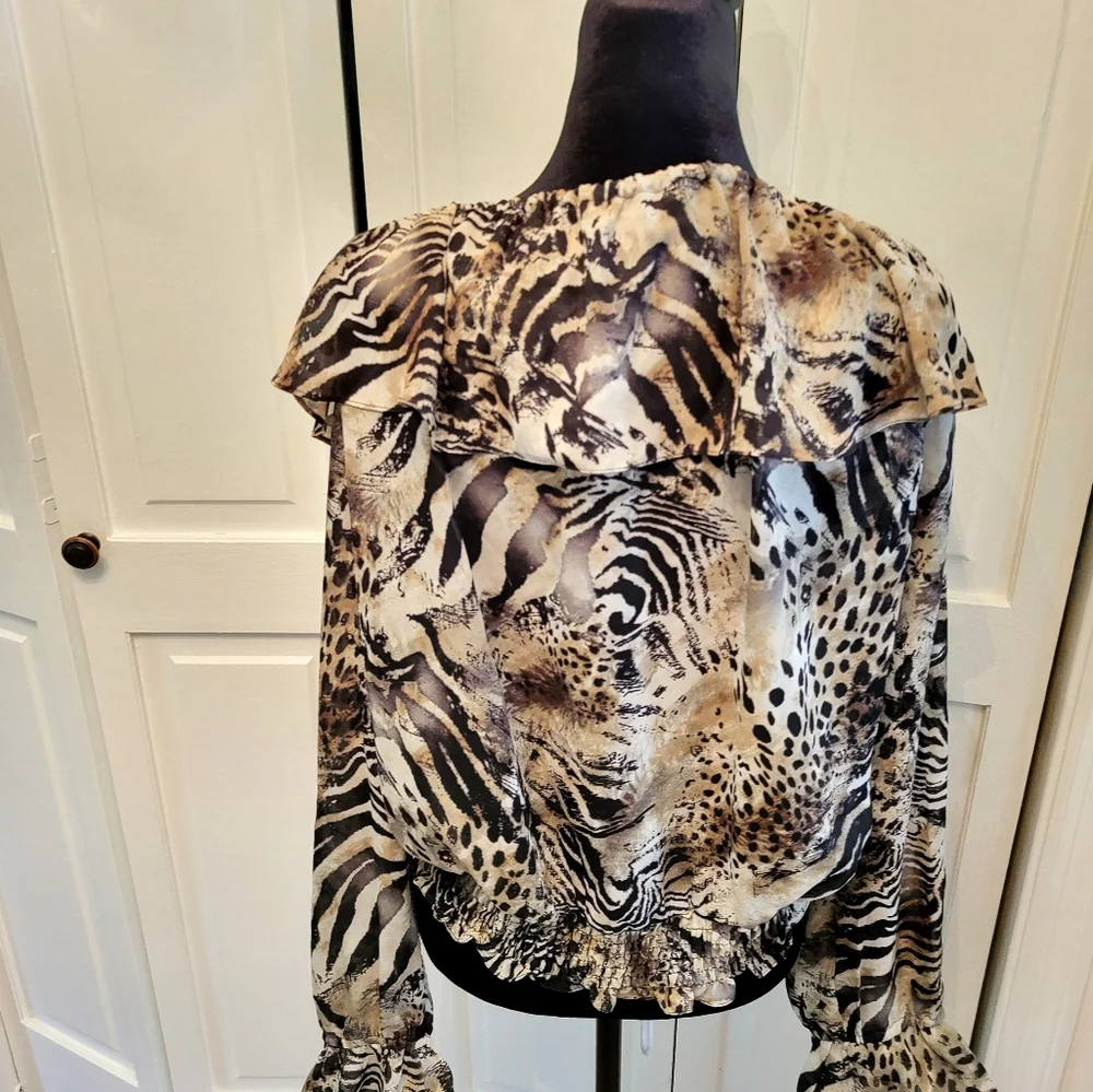 4/$19 Y2k Sheer Animal Print On/Off Shoulder Blouse Smocked Bottom Going Out - Picture 2 of 8